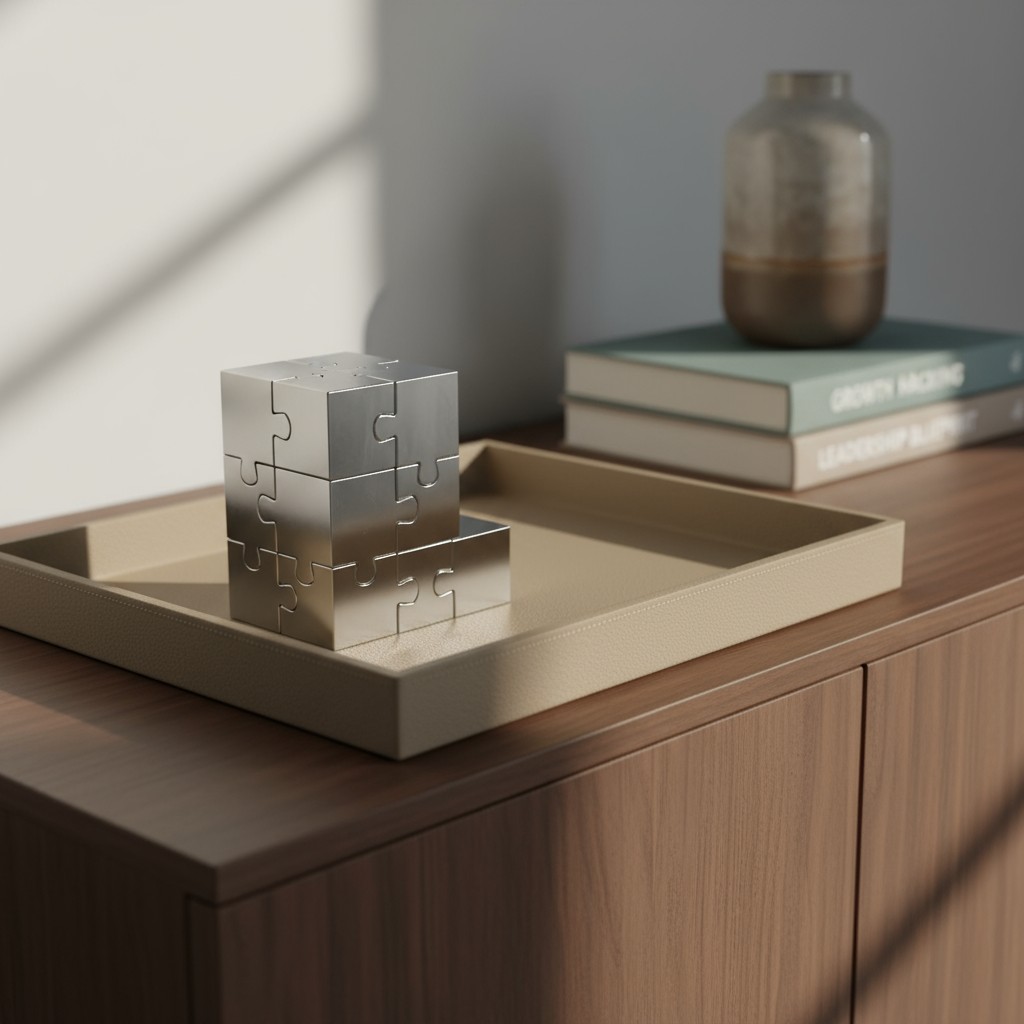 Uitgebreid meubelset bestaand uit een leren dienblad mee het grootste deel van een voltooide puzzelkubus, twee dikke catal...